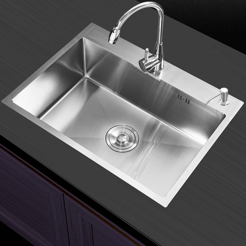 Stainless steel sink wire drawing silver household large single-slot kitchen thickened wire drawing hand basin