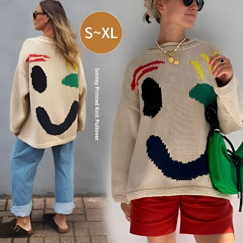 Smiley face printed loose knitted pullover cute embroidered lazy sweater