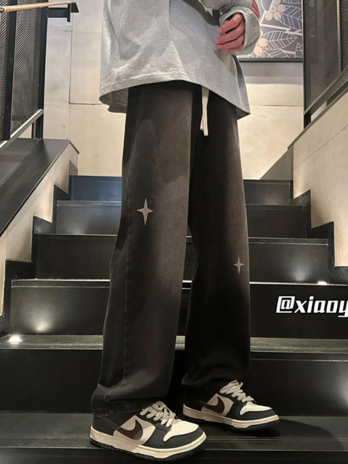 

Trendy American High Street Men's Jeans Embroidered Stars Loose Straight Leg Casual Pants Spring Season Youth Faion