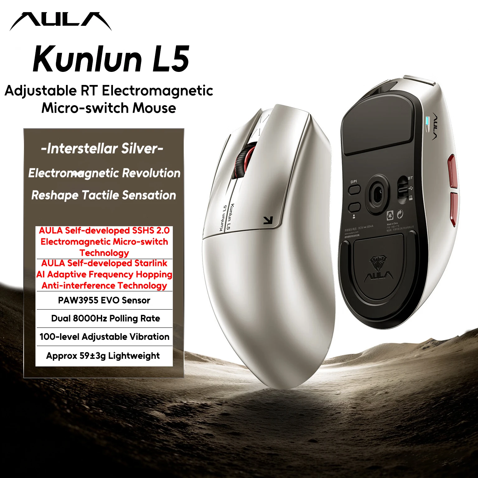 AULA Kunlun L5 Wireless Gaming Mouse RT SSHS Electromagnetic Micro-motion PAW3955 EVO 8KHz Lightweight Tri-Mode FPS Gaming Mouse