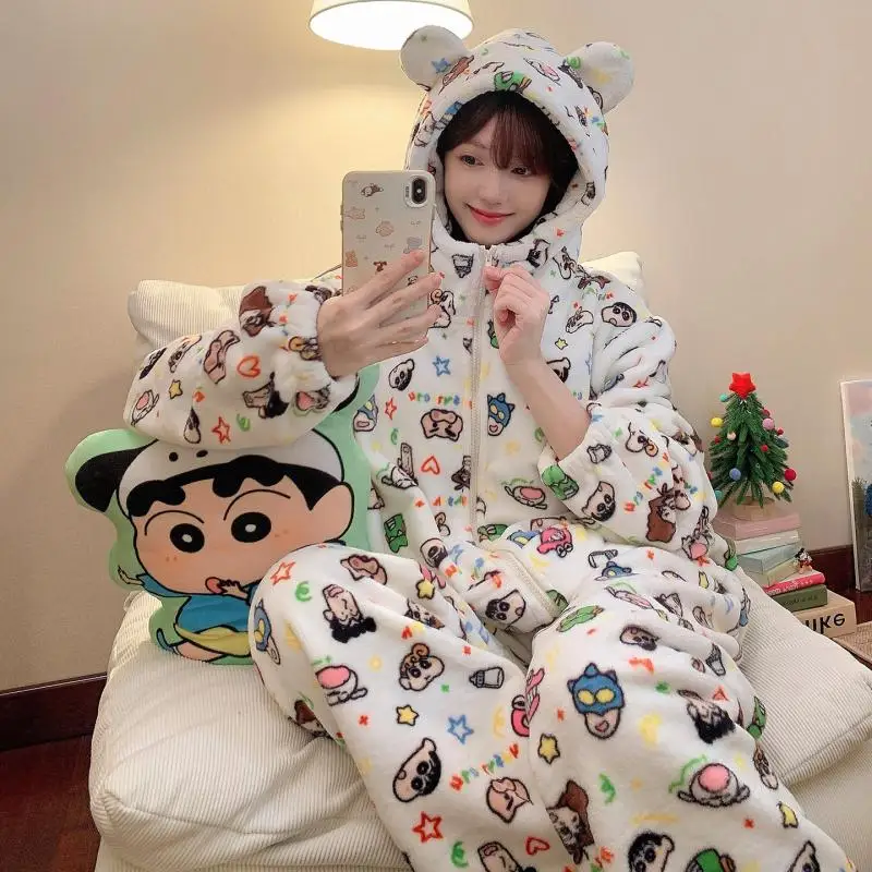 2Pcs Autumn Winter Coral Fleece Couple Pajamas Kawaii Thicken Zipper Hooded Crayon Shin-Chan Flannel Home Clothes Christmas Gift