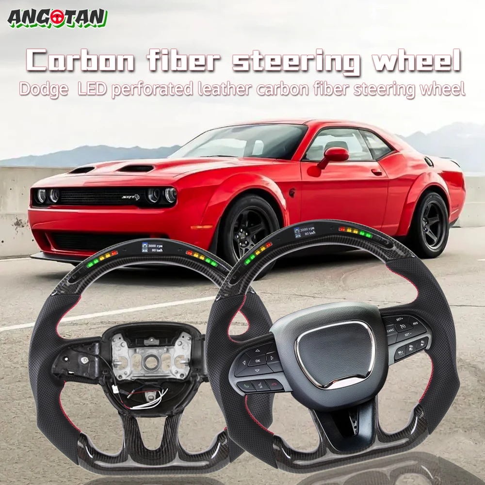 Dry LED Carbon Fiber Steering Wheel For Dodge Challenger Charger 2015-2024 Jeep Grand Cherokee SRT 2014-2024 Preforated Leather