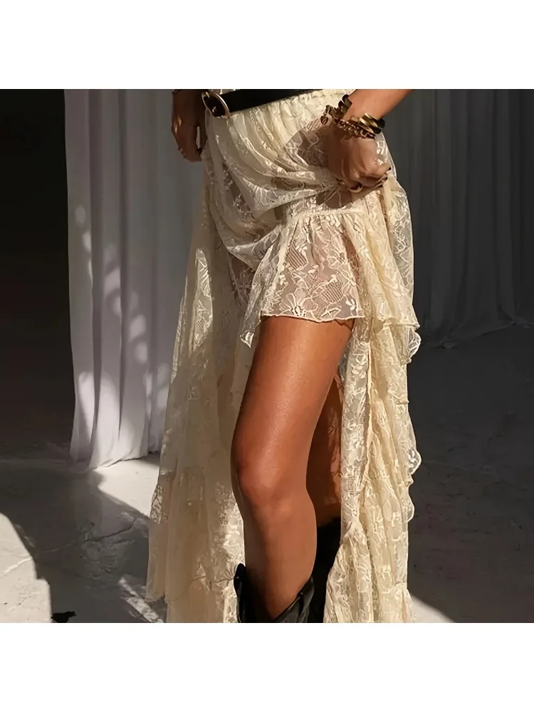 2026 new French retro lace splicing irregular skirt Spice girl style high waist and thin split fork medium and long skirt