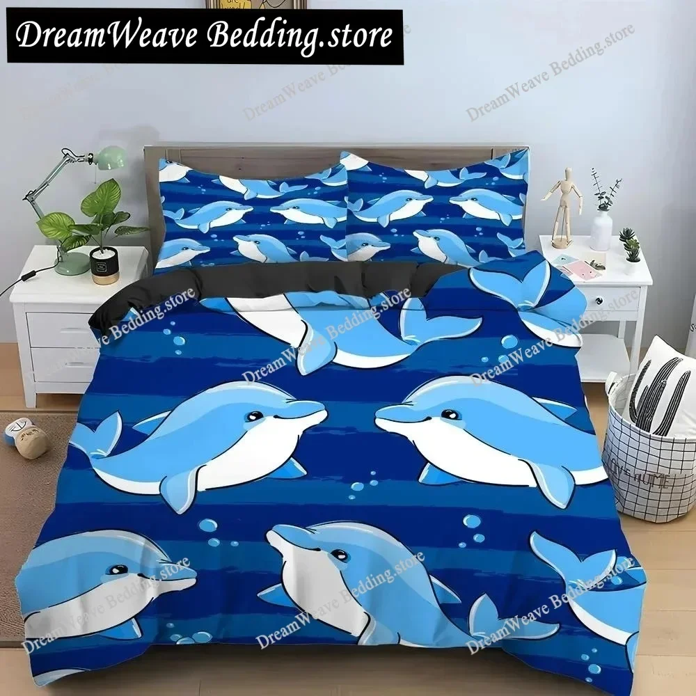 Bule Dolphin Whale King Queen Duvet Cover Underwater World Bedding Set Cartoon Sea Animal Comforter Cover Polyester Quilt Cover
