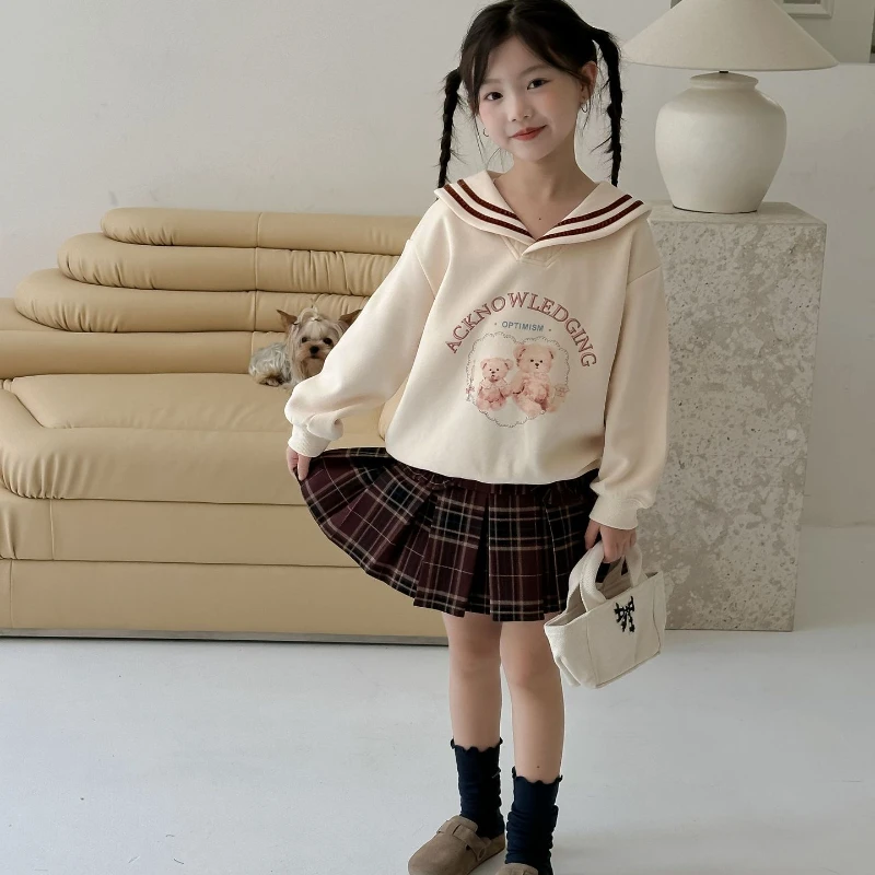 

Girls Suit 2024 Autumn College Sailor Collar Cartoon Sweater Plaid Pleated Skirt Cute Sweet Korean Style Versatile