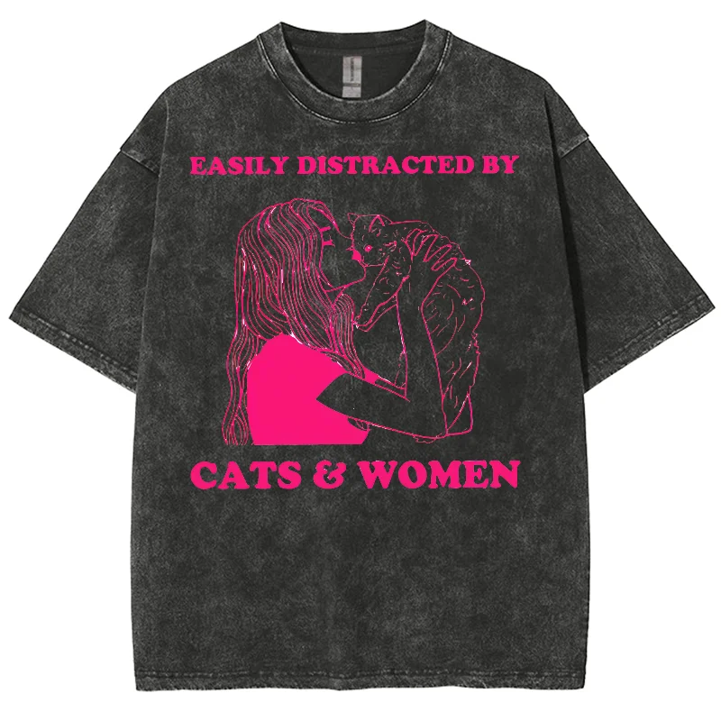 American Vintage Woman And Cat Print Women's T-shirt Street Trend Hip-hop Short-sleeved Washed Fabric Round Neck Tops