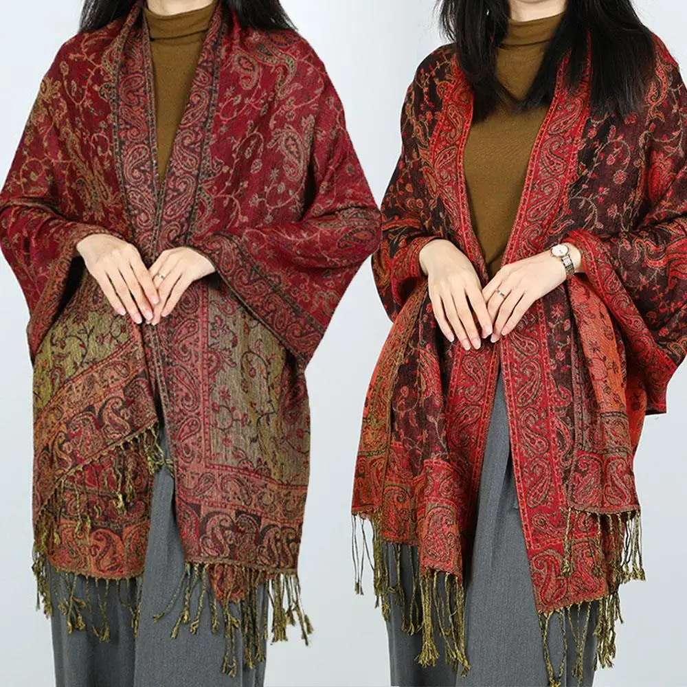 Paisley Pashmina Shawl Scarf Women Jacquard Cashew Printed Scarves Borders Female Tassel Travel Blanket Wraps Ethnic Shawls