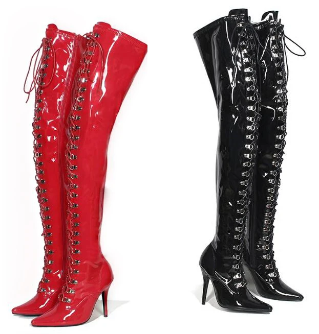 Super Sexy Red Black Eyelet Cross-tie Thigh Boots 12CM High Heel Pointed Toe Side Zipper Woman Dance Performance Over Knee Boots