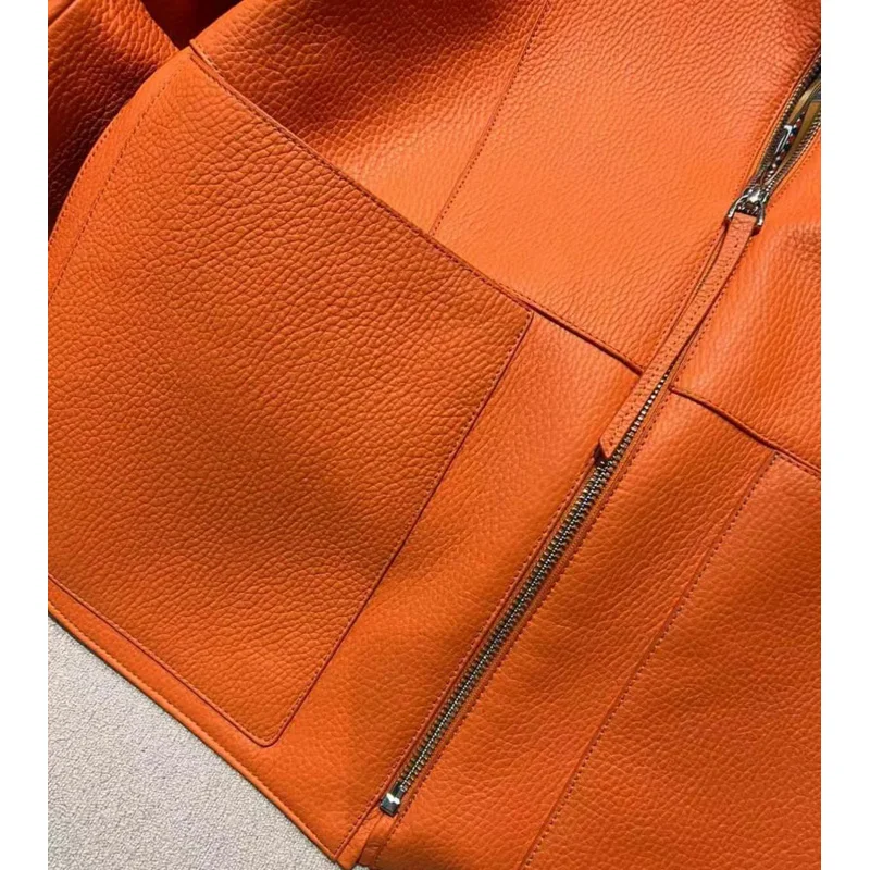 Neue Mode Frauen Mantel Frühling Orange Import echte Schaffell Jacke Blumenmuster Futter kurze Länge große Taschen