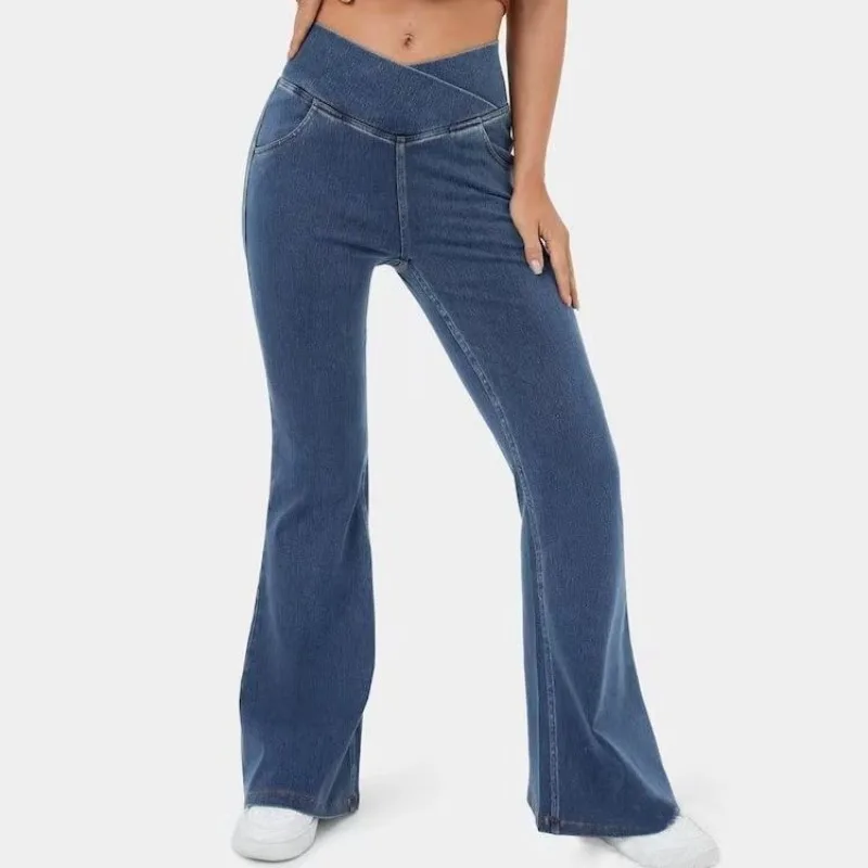 Women Bell Bottom Pants High Waist Flare Legging 4 Way Stretch Denim Fitness Casual Jeans Women Comfy Daily Hip-lifting Trousers