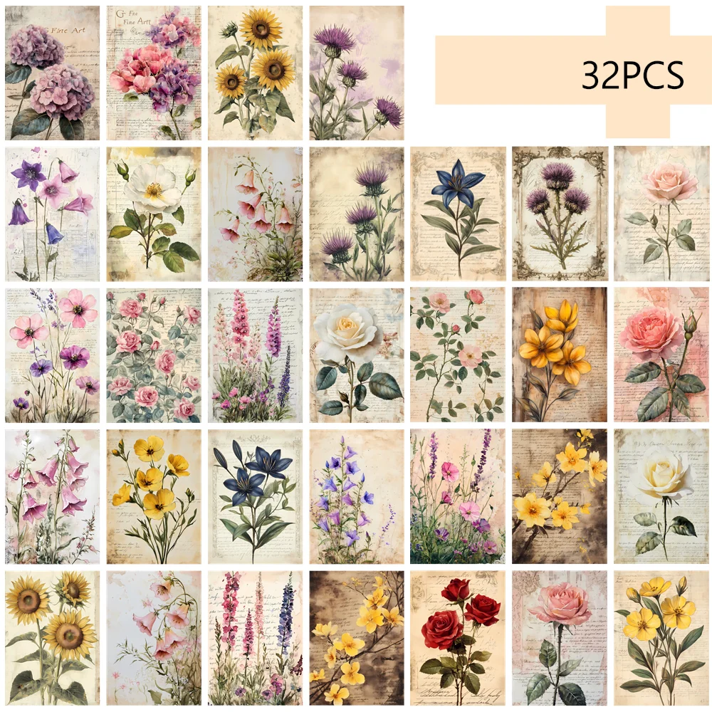 32 piezas, postal floral vintage, pegatina decorativa para habitación, material manual, recuerdo, coleccionable y postal