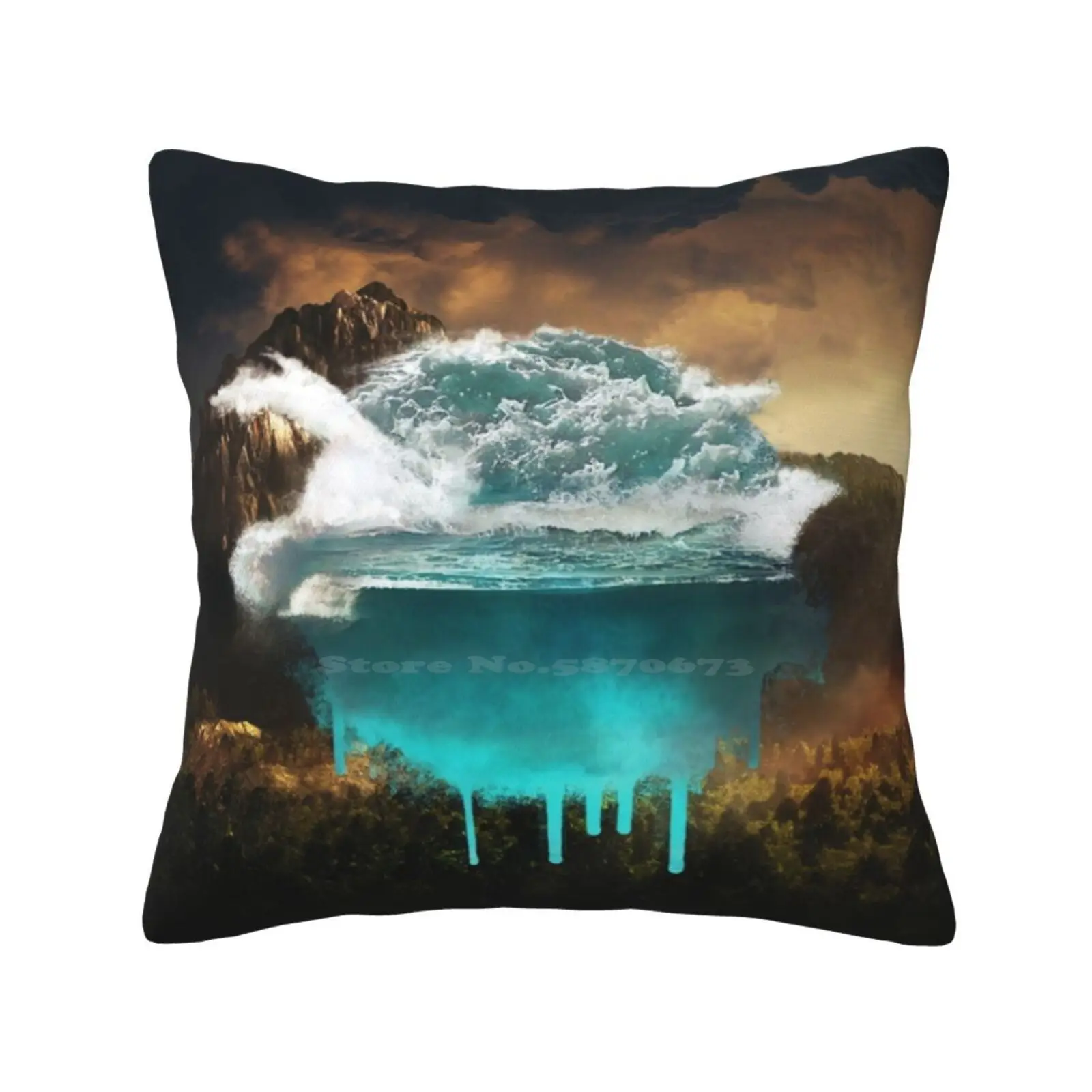 Elements Collide. Pillows Case Bedroom Home Decoration Water Surrealist Mountain Landscape Nature Montage Sky Forest Fantasy