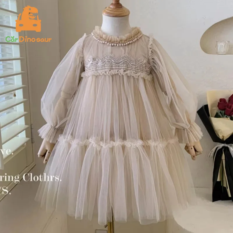 

Осенне-весеннее детское бальное платье принцессы для 2, 3, 4, 6, 8, 10 лет, праздничное платье с длинными рукавами и жемчугом, детское сетчатое платье для маленьких девочек