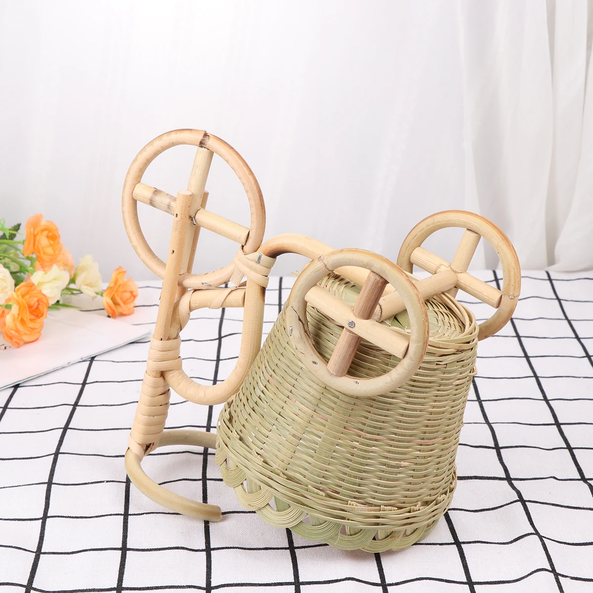 

1Pcs Bamboo Woven Storage Basket Handmade Tricycle Shape Food Serving Container for Fruit Candy Home Decor Woven Fruit Container