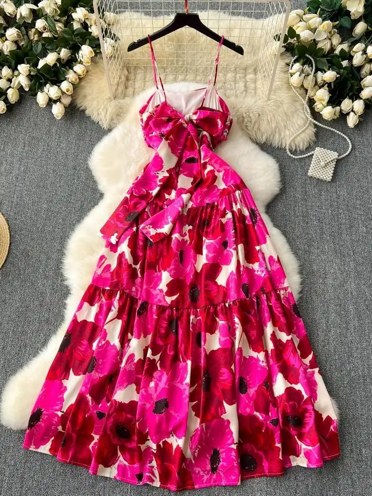 المرأة المطبوعة فستان طويل الصيف مطوي حمالة فساتين عطلة السيدات سليم ألف خط بلا أكمام الأزهار بوهو نمط رداء طويل