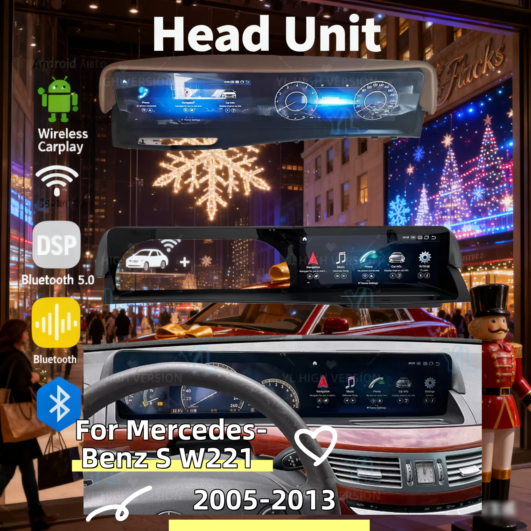 

Двойной 12,3-дюймовый сенсорный экран Android 14 для Mercedes-Benz S-Class W221/V221/W216 2005-2013, беспроводной CarPlay и Android, автоматический головное устройство