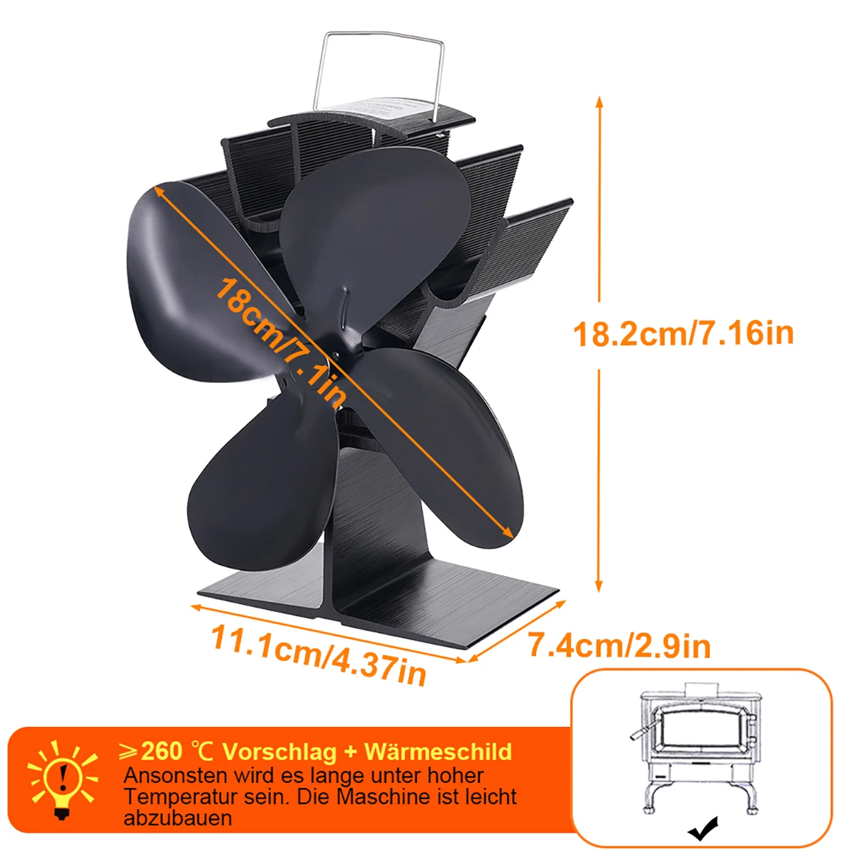 مروحة موقد الطاقة الحرارية ذات 4 أوراق، نموذج حرق الخشب البيئي، مروحة مدفأة صامتة، تسخين شتوي، تبديد كفاءة للحرارة