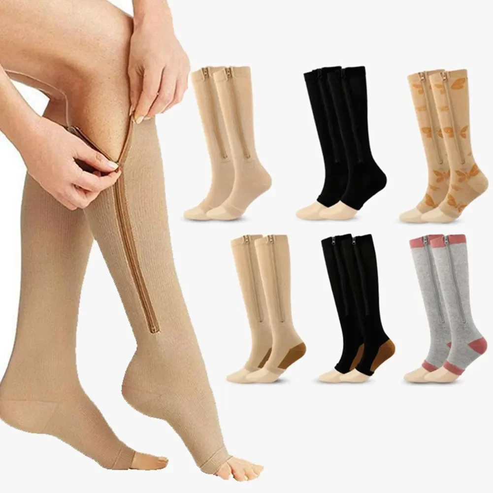 1Pair Zipper Compression Sock Women Men High Elasticity Nylon Open Toe Pressure Stocking for Edema Varicose Veins Sock