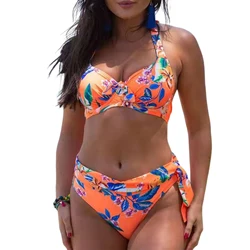 Bathing Suit Swim Wear for Women Plunge Neckline Soft Swimsuit Split Print Size From S to 2XL