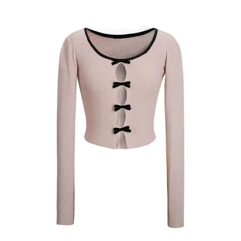 Sexy Hollow Out Chic Bows Crop Tops Long Sleeve Slim Knitted Pullover Gray Sweater Korean Sweet Girls College Top Autumn Clothes