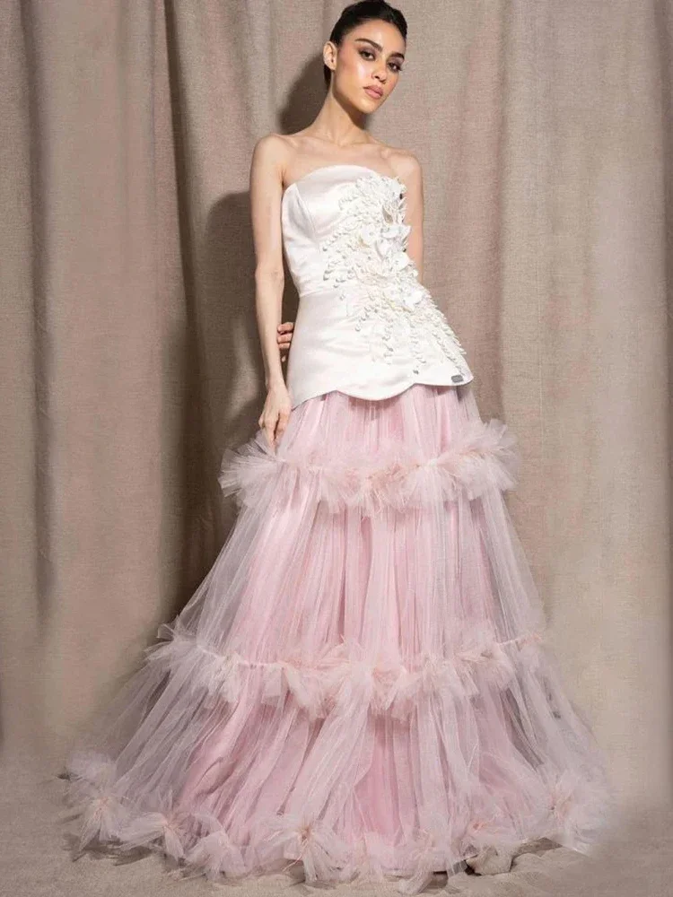 Customized Exquisite High quality Retro Formal Tulle Applique Pleat Ball Strapless Long Dresses Cocktail Dresses Modern Style