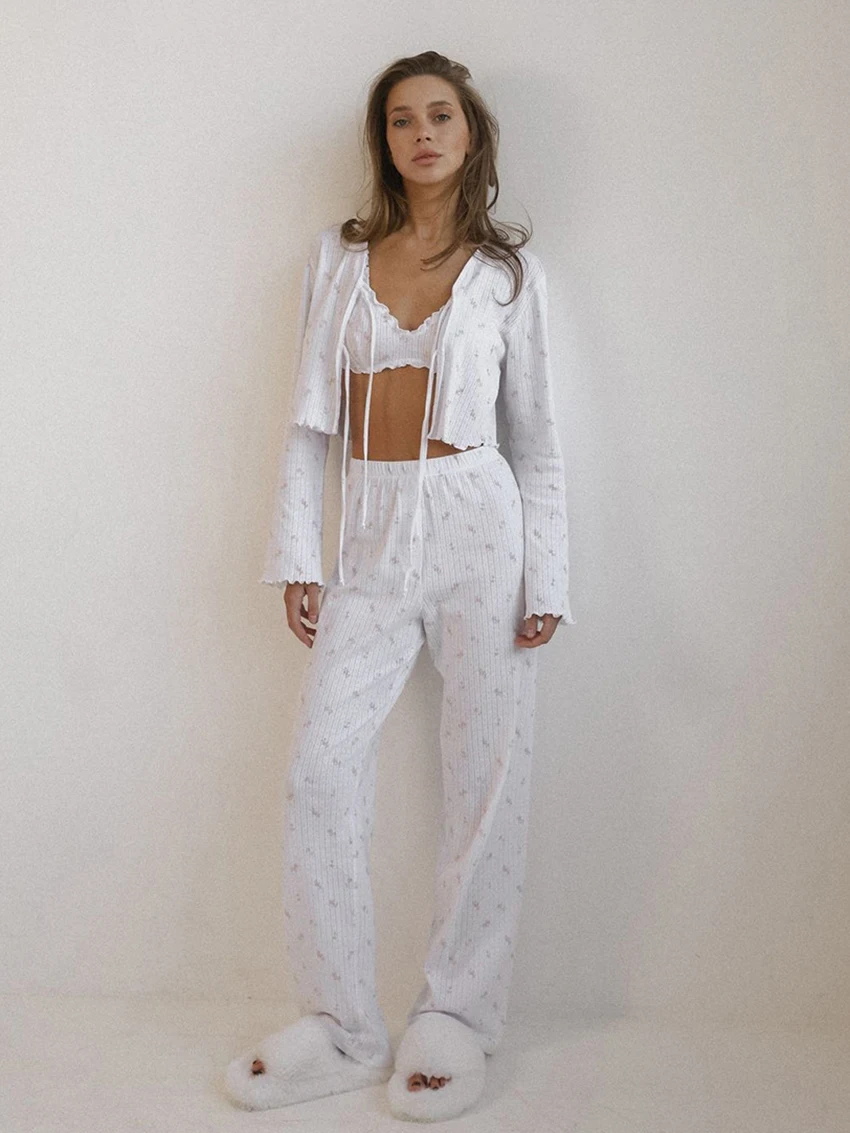 

Marthaqiqi домашняя одежда женские пижамы с длинными рукавами сексуальная одежда для сна с v-образным вырезом майка ночная рубашка брюки с принтом ночная рубашка костюм из трех предметов