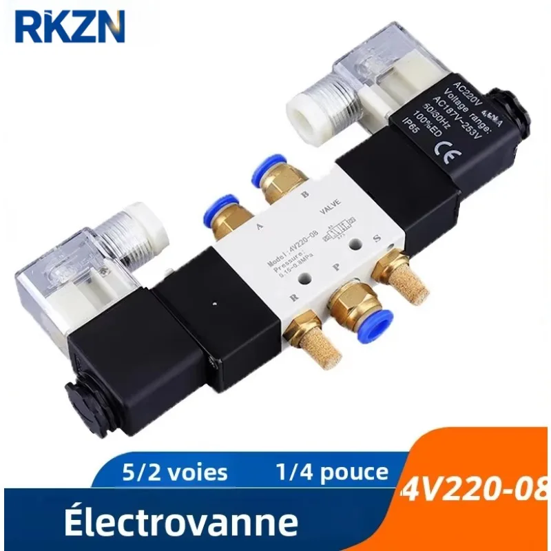 4V220-08 Pneumatic Solenoid Valve 5 Way 2 Position 1/4 Inch Thread Electric Air Control Magnetic Valve DC12V DC24V AC110V AC220V