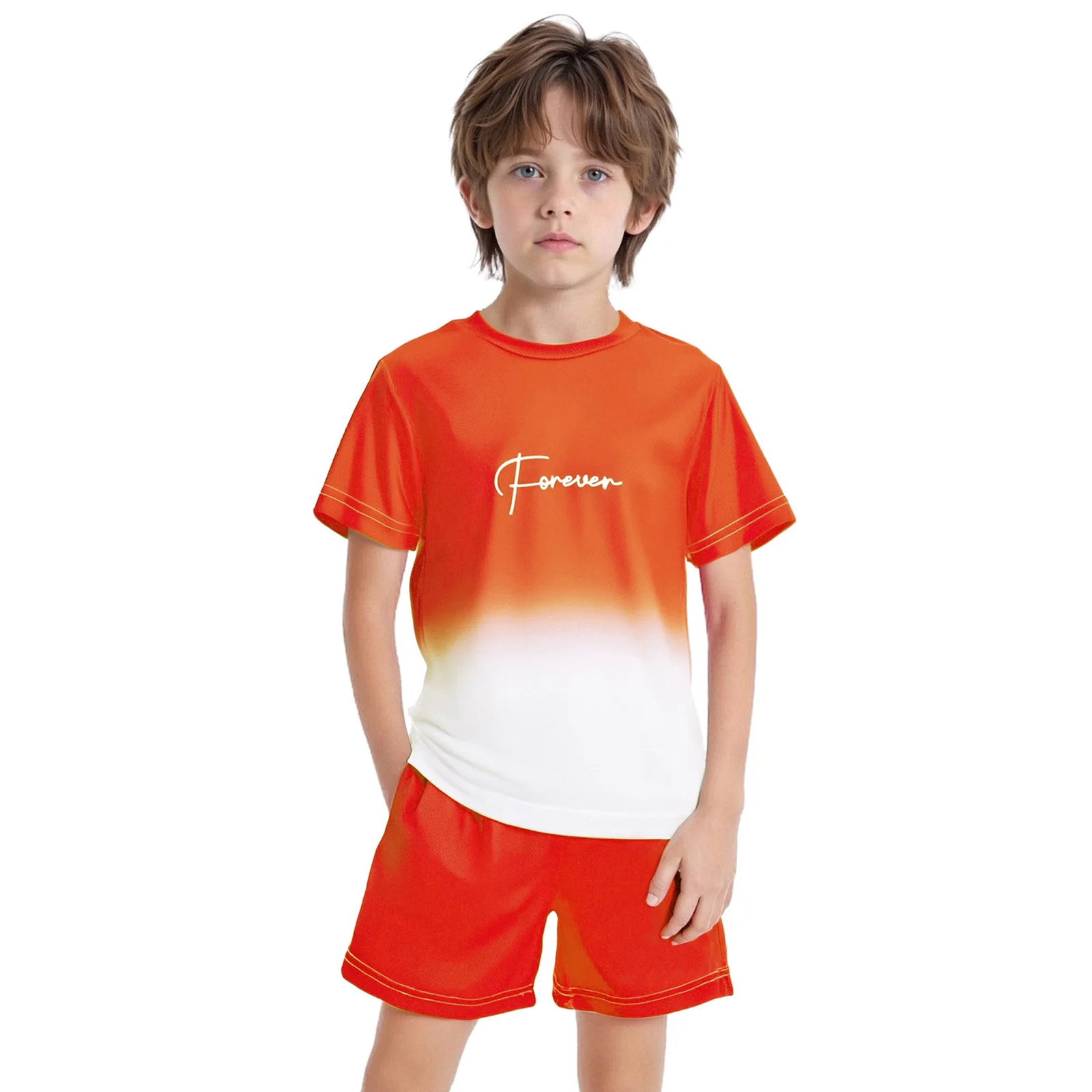

Summer Boys Sports Set Quick-Drying Athletic Outfit Letter Print Gradient Short Sleeve T-shirt+Drawstring Waist Shorts 2Pcs Kids