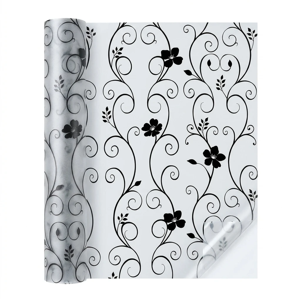 Elegant Retro Privacy Window Film with Built-in Adhesive - Curly Vine Flower Design Soft Light Filter Cuttable PVC for Home Deco