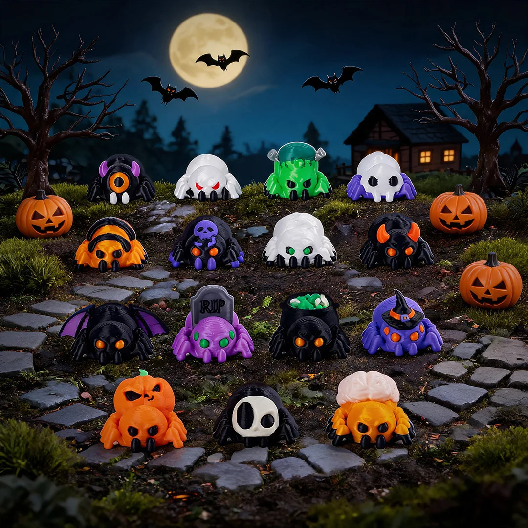 Multi‑Pack Mini Creepy‑Cute Monster Spider Skeleton Figurines, Black Purple Orange Ornaments, Halloween Tabletop Decor & Gifts