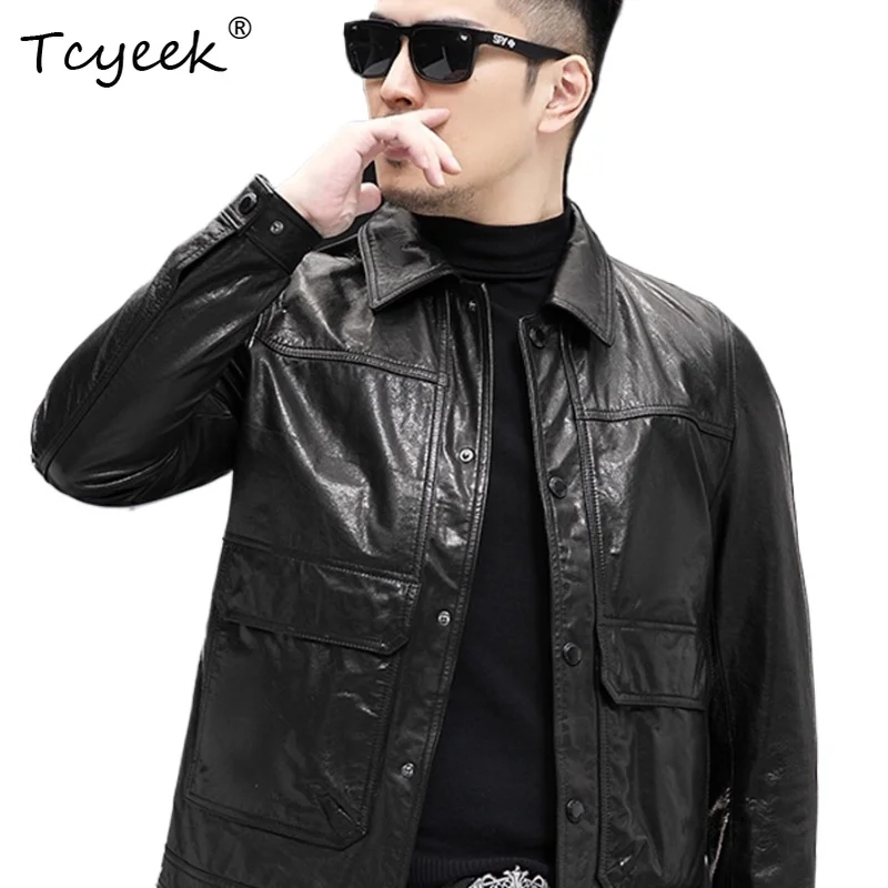 

Tcyeek Настоящий верхний слой из коровьей кожи со съемной внутренней подкладкой на пуху Осень-зима Модная черная короткая мужская куртка из натуральной кожи 가죽 자켓