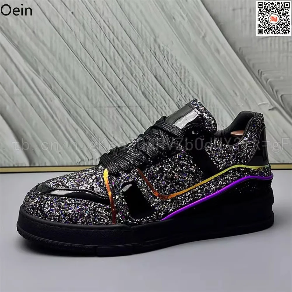 Mens Rainbow Sequins Bling Sneakers Lace Up Flats Skateboard Shoes Boys Hidden Heel New 2025