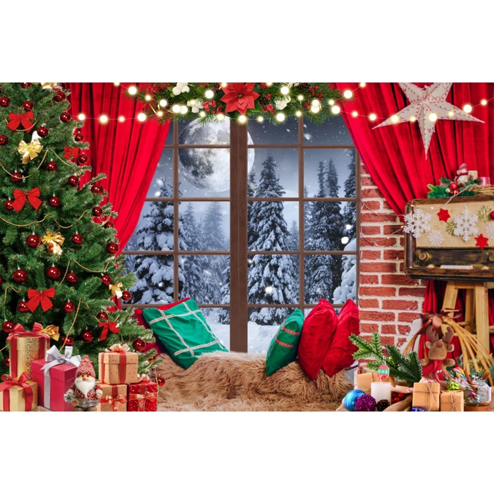 Christmas Photography Backdrops Winter Window Red Curtains Gift Baby Kids Family Portrait Decorative Background Photocall Props