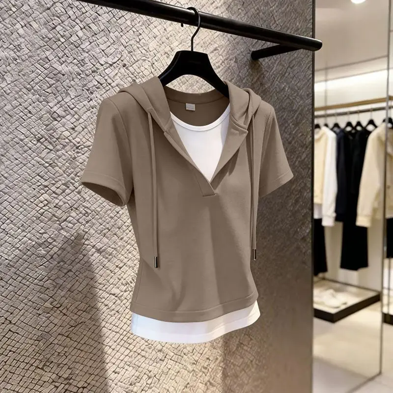 New Summer V-neck Short Sleeved Top Trendy Western Style Ventilate Slimming Base T-shirt Fake Two-piece Women's Clothing Hoodie
