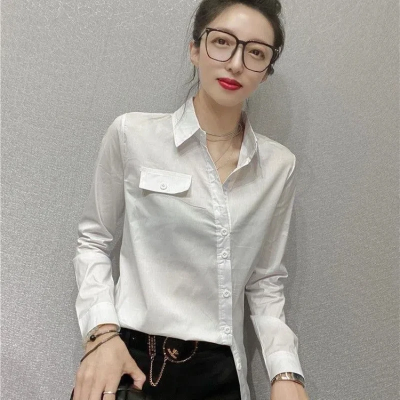 Office Lady Slim Simplicity Blouse Spring Autumn New Long Sleeve Polo Neck Asymmetrical Shirt Tops Vintage Elegant Women Clothes