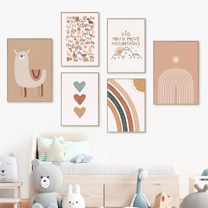 Alfabeto Alpaca Arco Iris Bohemia arte lienzo impresión cartel para cuadros de pared pinturas decorativas niños guardería habitación de bebé