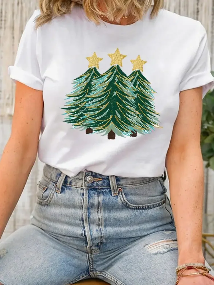 Watercolor Trend Print Clothing Fashion New Year Women Tee Top Christmas Lady Short Sleeve Shirt Clothes Graphic T-shirt