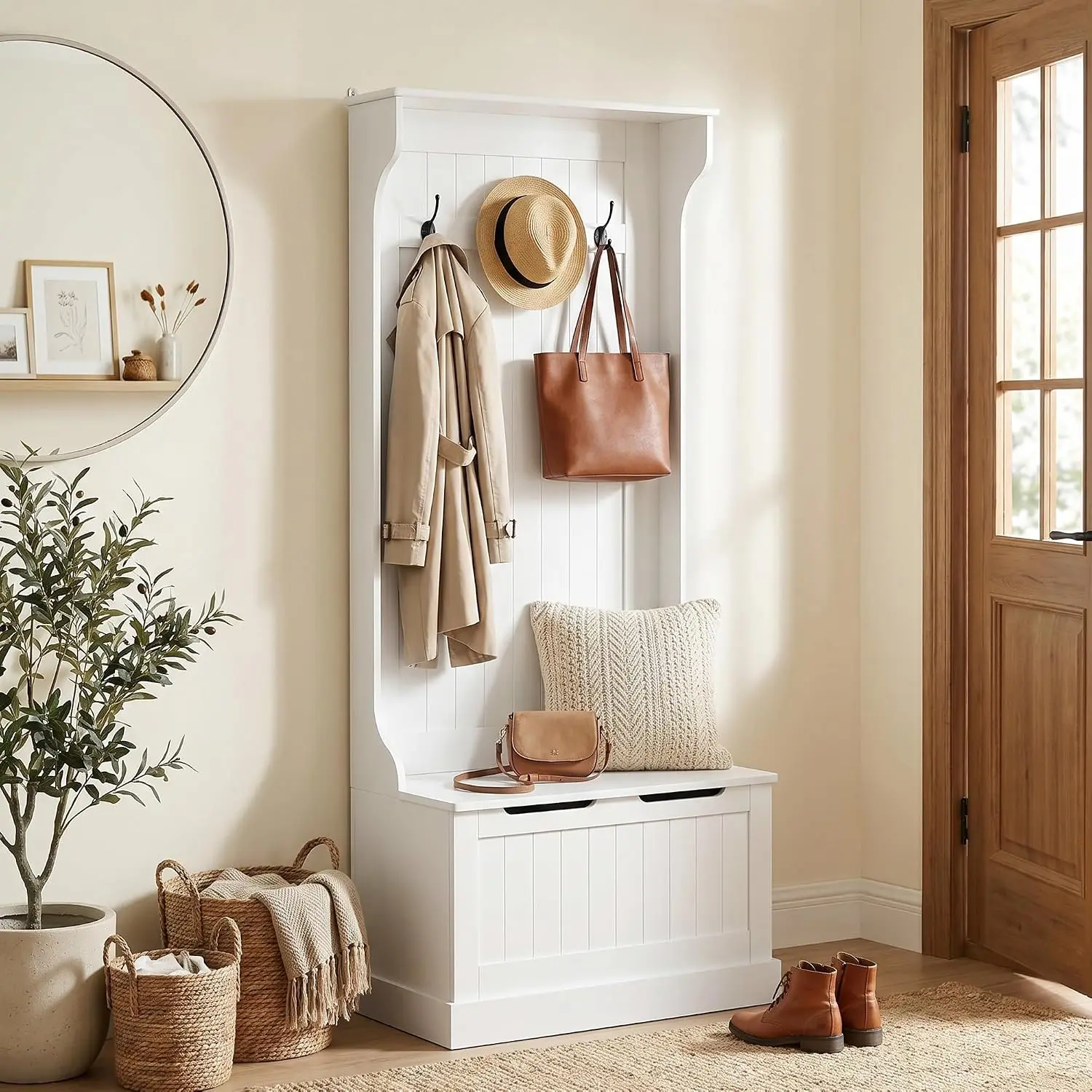 Slim Hall Tree with Bench, Shoe Storage & 4 Hooks, Flip Top Compartment, White, Customized