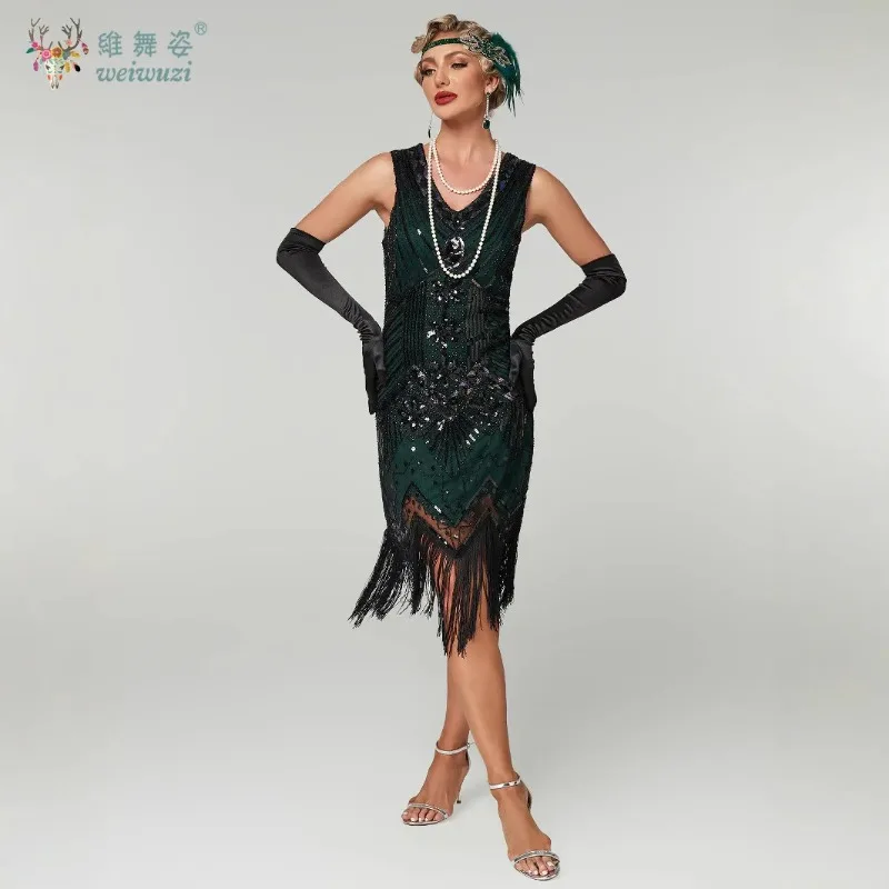 1920년대 여성용 V넥 태슬 바디콘 연회 빈티지 드레스 민소매 라이트 럭셔리 칵테일 파티 시퀸 태슬 이브닝 드레스