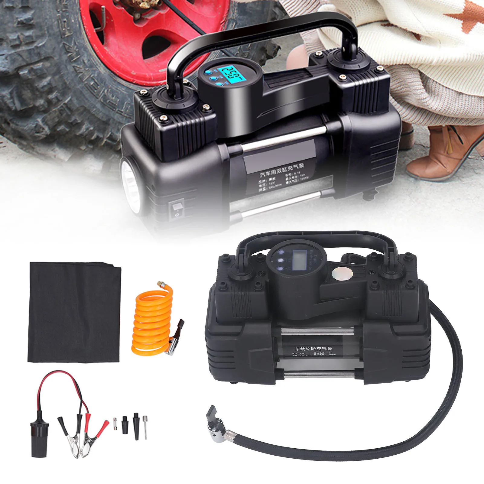 Car Tire Inflator Air Pump 12V Dual Cylinde Air Compressor Pump with LED Light Digital Display For Trucks RVs Crossover Vehicles