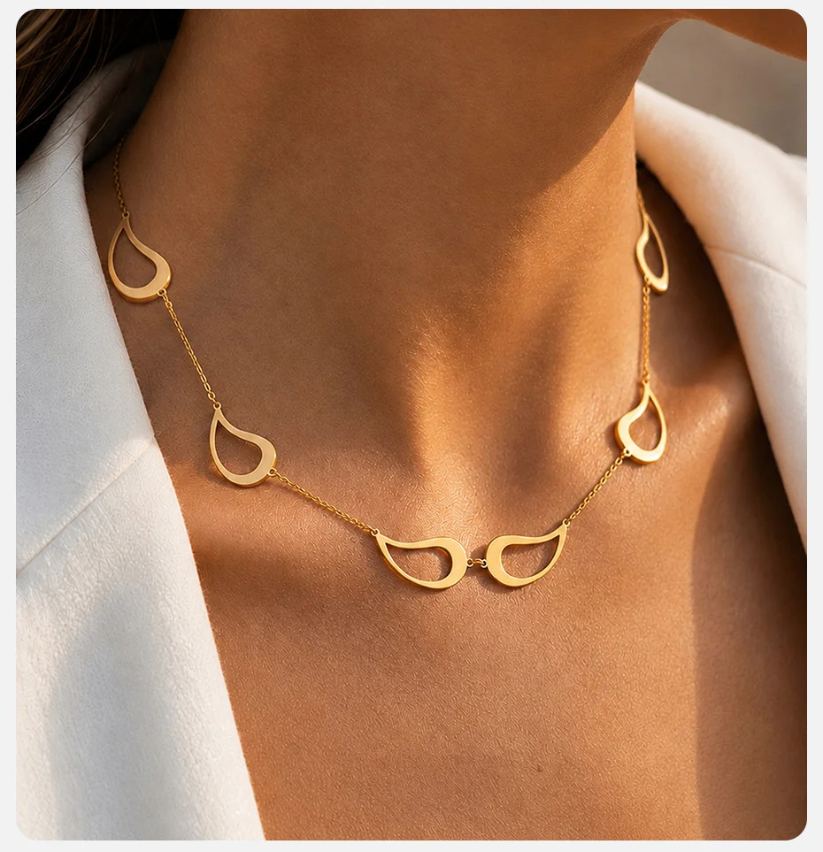 Vnox Trendige Tropfen-Choker-Halskette für Damen, 18K vergoldeter Edelstahl, Hohl-Anhänger-Halskette, minimalistischer Alltagsschmuck – Detail 3