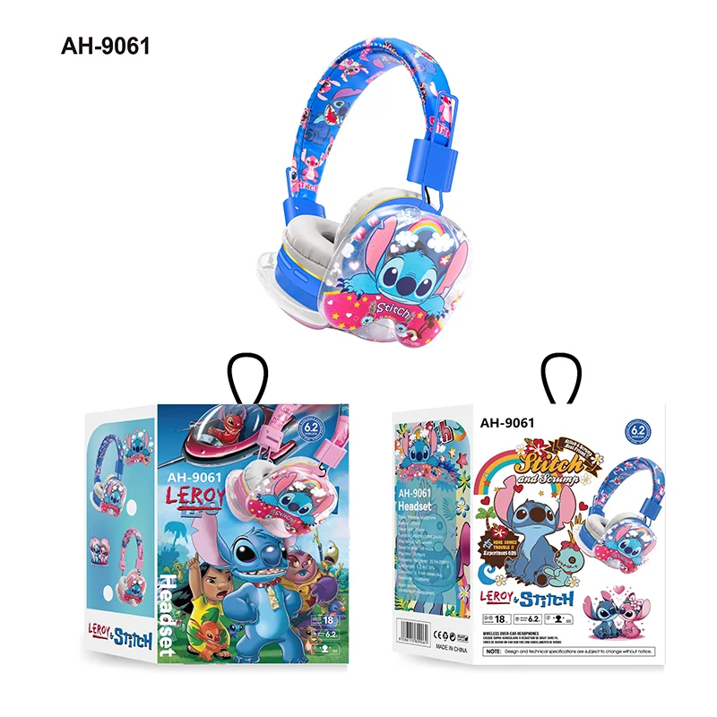 Neue Disney Stich Drahtlose Bluetooth Kopfhörer AH-9061 HIFI Stereo Sound Faltbare Headsets mit Mikrofon Anime Cartoon Kinder Geschenk