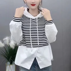 패션 스플라이스 주름 스트라이프 후드 블라우스 여성 의류 가을 겨울 오버사이즈 캐주얼 탑 페이크 투피스 셔츠