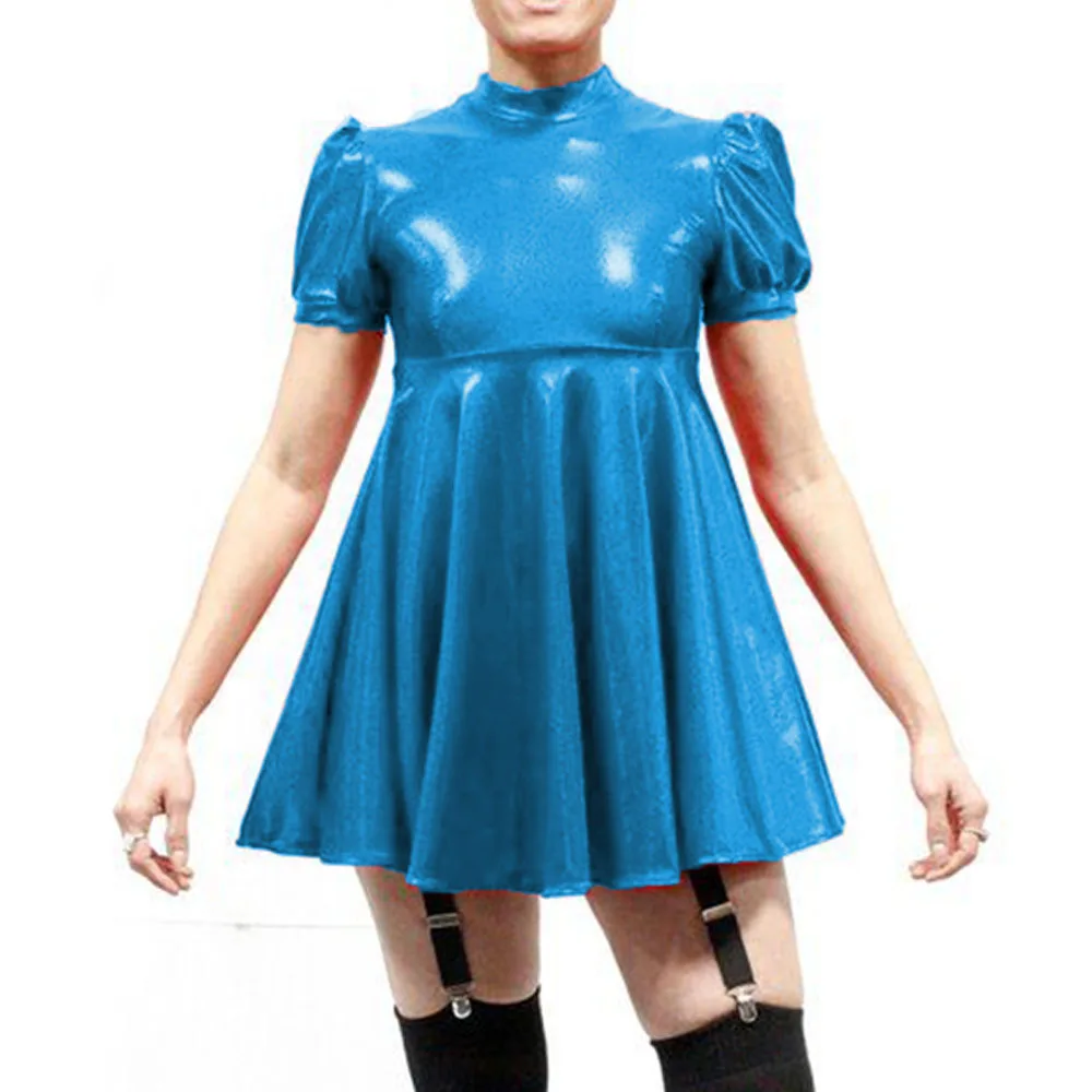 Plus Größe Latex-look Mini Kleider Mode Mock Neck Plissee A-Line Sissy Kleid Rave Party Swing Kurze Kleider Männlichen PVC vestidos