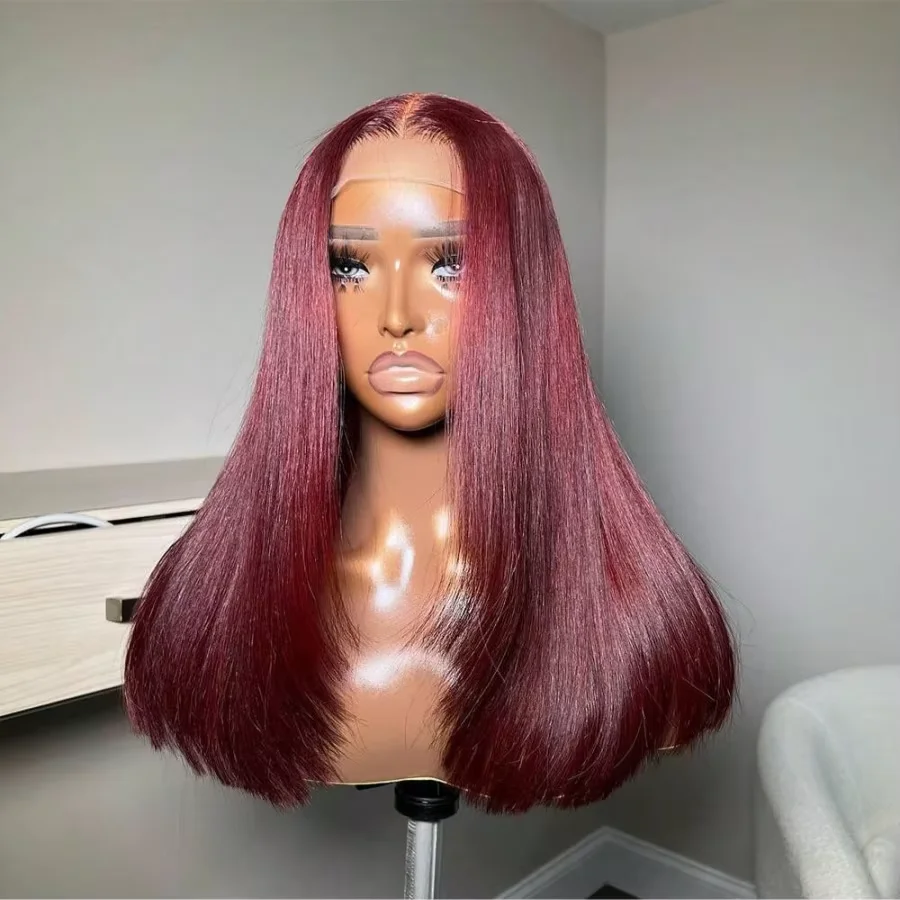 Perruque Courte Droite Bob HD 13x4 Bordeaux 10-14 Pouces, Cheveux Brésiliens, Perruque Frontale en Dentelle Transparente Pré-Pluckée, Cheveux Humains