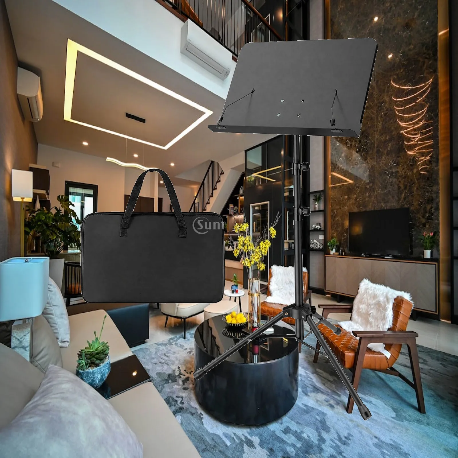 Portable Music Stand for Sheet Music with Retaining Clips Adjustable Central Shaft Folding Tripod Base Black Iron Frame