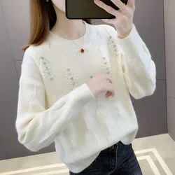 New Autumn and Winter Fashion Trend Beaded Round Neck Westernized Solid Color Slim and Age Reducing Casual Knitted Women's Top