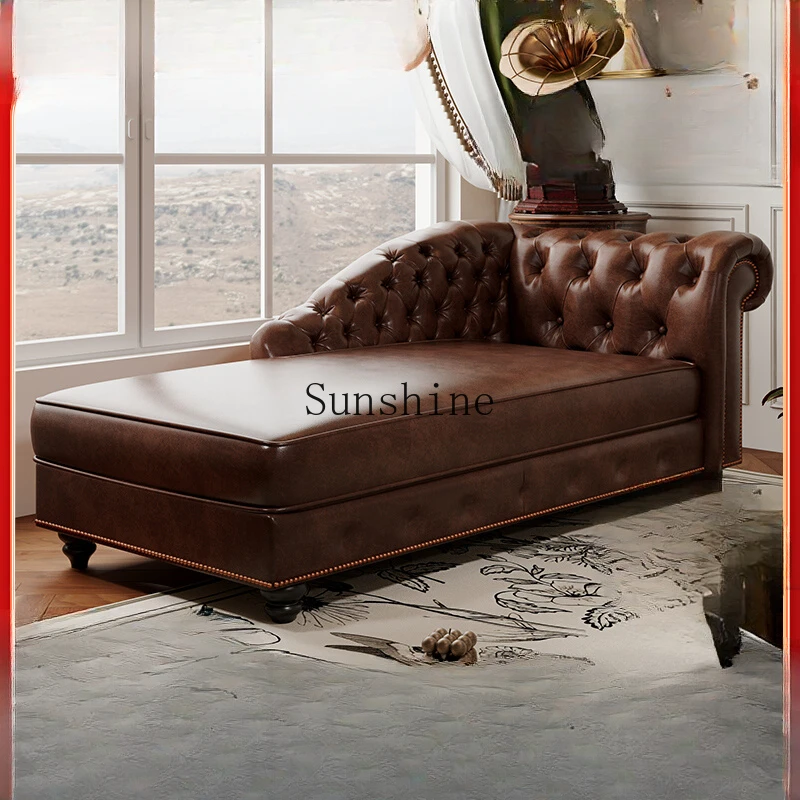 

American retro oil wax leather chaise longue living room old brown recliner