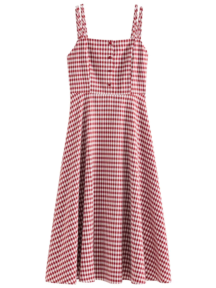 Fsle Franse Plaid Sling Vrouwen Jurk Zomer 2022 Nieuwe Temperament Vierkante Kraag Korte Mouw Trui Vrouwen Plaid Jurk