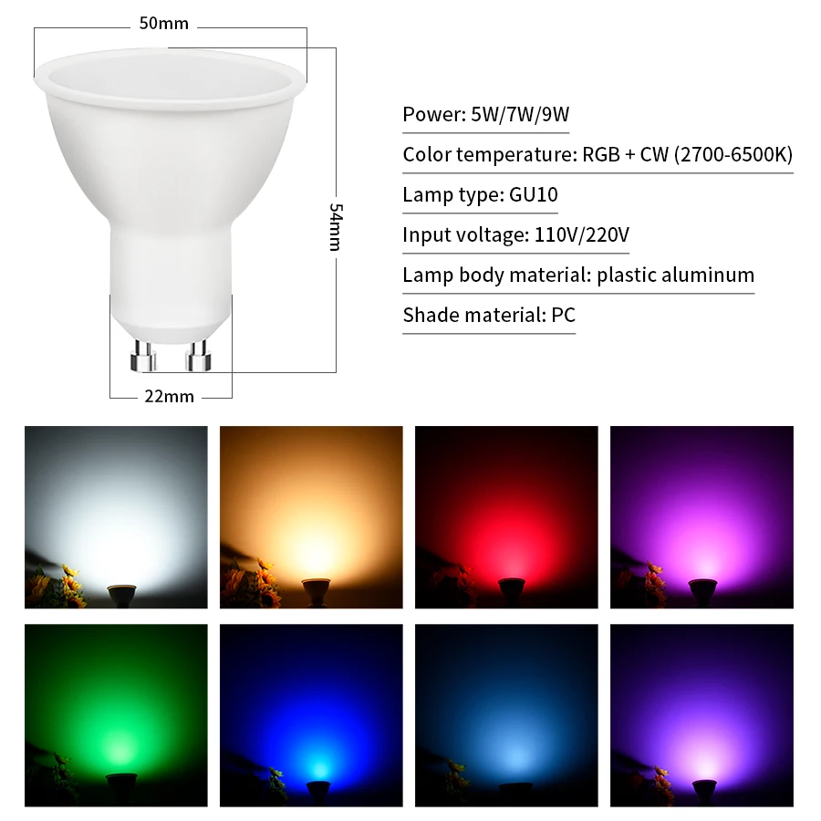 5W 7W 9W 220V 110V Tuya Smart WiFi GU10 LED Bulb Spotlight Alexa Lamp RGBCW Smart Life APP Control Works With Google Home Echo